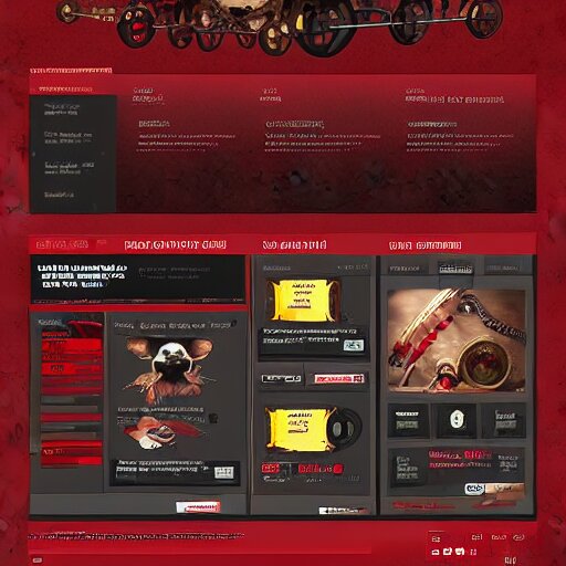 a full ux layout of a steampunk mechanical dog dashboard and marketplace site design, red theme. 