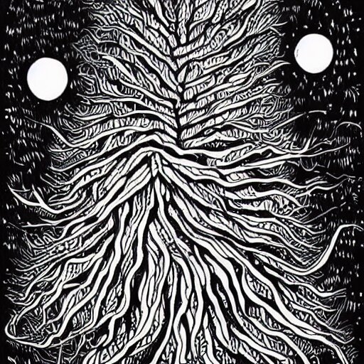 black and white ink doodle illustration of an ancient tree floating in outer space, overgrown with funghi, style by peter deligdisch, peterdraws 