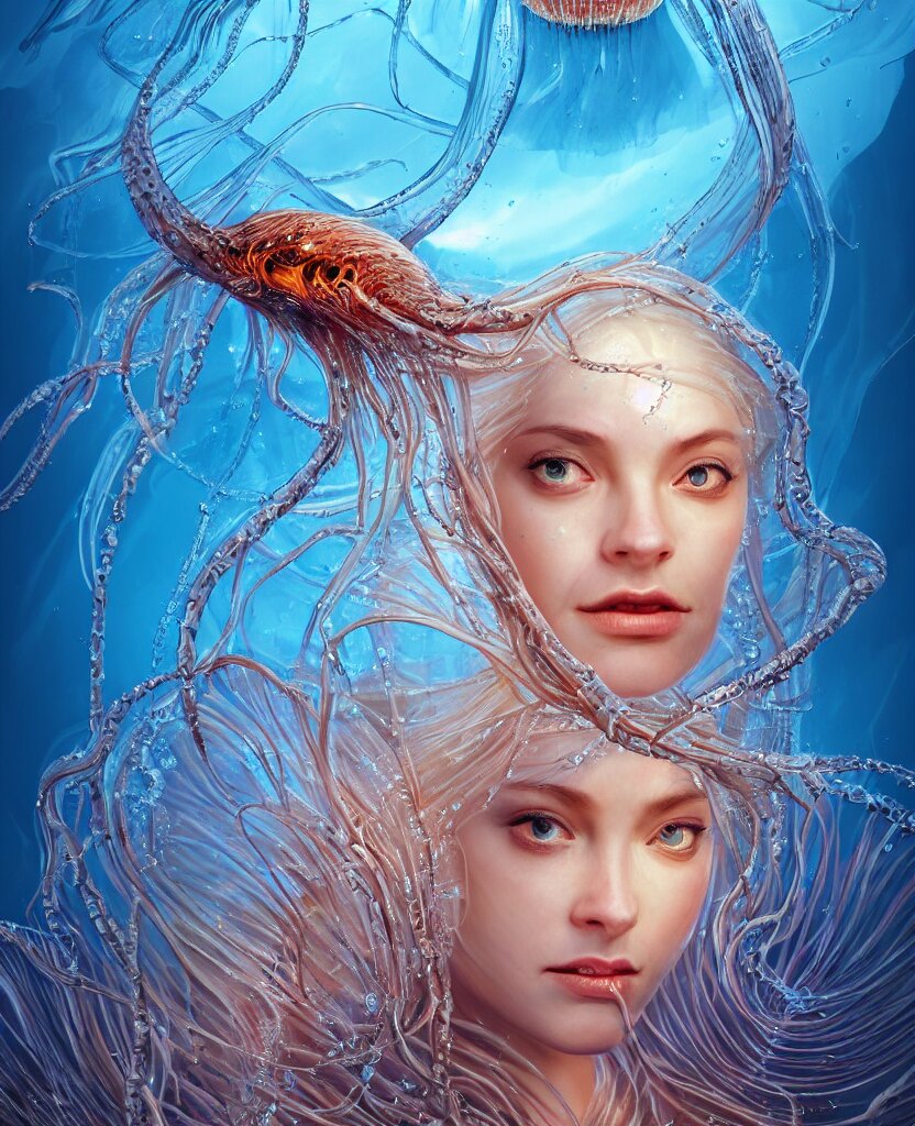 close-up portrait of the face of a beautiful princess in a twisted glass mask floating on the edge of the water, epic angle and pose, symmetrical artwork, 3d with depth of field, blurred background, cybernetic jellyfish female face skull phoenix bird, translucent, nautilus, energy flows of water and fire. a highly detailed epic cinematic concept art CG render. made in Maya, Blender and Photoshop, octane render, excellent composition, cinematic dystopian brutalist atmosphere, dynamic dramatic cinematic lighting, aesthetic, very inspirational, arthouse. y Greg Rutkowski, Ilya Kuvshinov, WLOP, Stanley Artgerm Lau, Ruan Jia and Fenghua Zhong