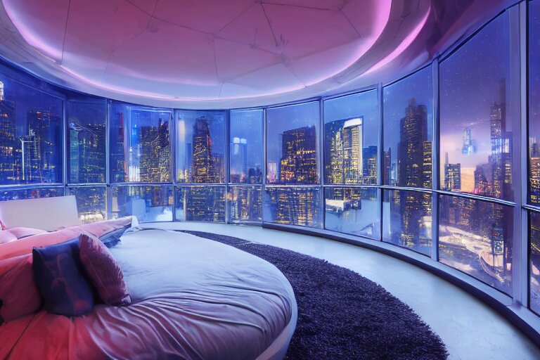 a futuristic bedroom with large curved ceiling high windows looking out to a far future cyberpunk cityscape, flying vehicles and robots passing by outside, night time, cyberpunk neon lights, raining