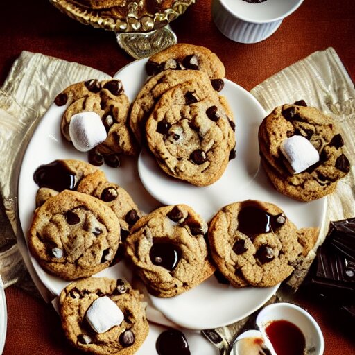 opulent banquet of plates of freshly baked chocolate chip cookies, delicious, glistening, chocolate sauce, marshmallows, highly detailed, food photography, art by rembrandt 