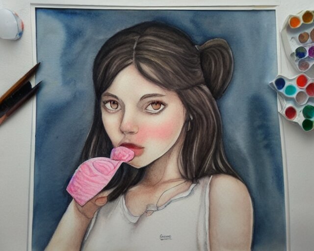 a girl with the ice cream watercolor colored pencil painting trending on artstation 