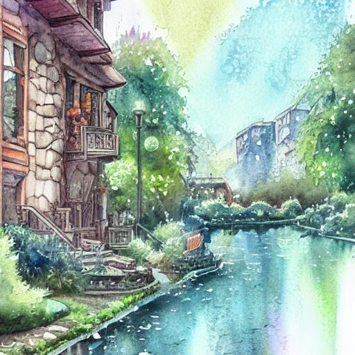 Beautiful happy picturesque charming sci-fi town in harmony with nature. Beautiful light. Water and plants. Nice colour scheme, soft warm colour. Beautiful detailed watercolor by Lurid. (2022)