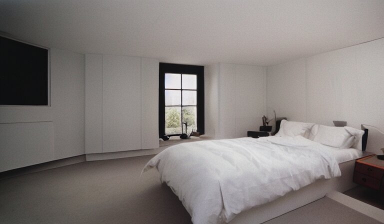 A bedroom designed by Peter Saville, 35mm film, long shot