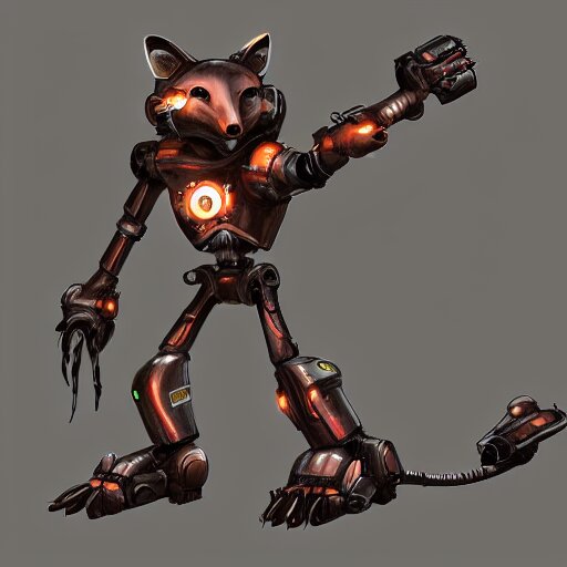 mechanical fox with robo tech, apocalyptic elements, art render, character concept, smooth, sharp detail, pixar style 