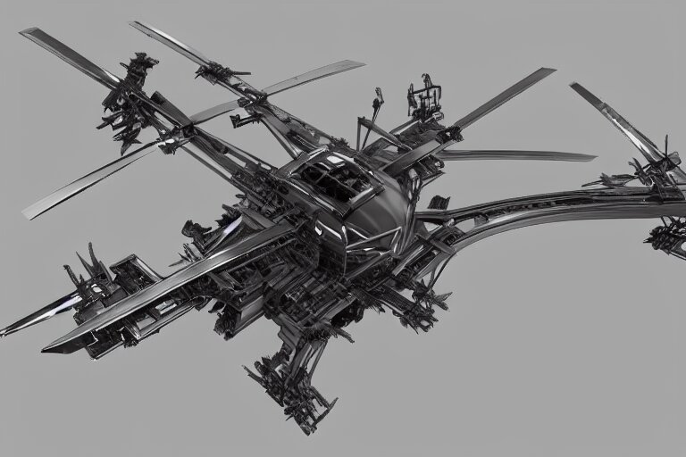 concept art of a futuristic helicopter, in gunmetal grey, extremely symmetrical, blueprint schematics, top down view, bottom view, side view, aggressive panels, mecha inspired, russian chopper, minigun turret, robotic, highly detailed, artstation, pinterest, super realistic, houdini 3 d, octane render 