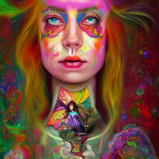 An extremely psychedelic portrait of Alice , in wonderland , surreal, LSD, face, detailed, intricate, elegant, lithe, highly detailed, digital painting, artstation, concept art, smooth, sharp focus, illustration