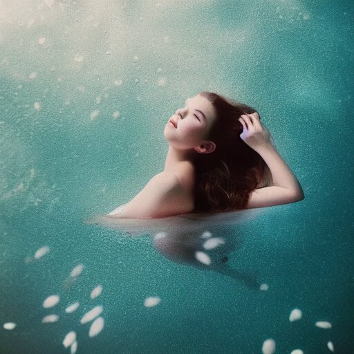 a beautiful girl like anya taylor - joy floating under the deep water, white petal, by personal photography, art by brookskim, closeup, 4 k, highly detailed, instagram, 