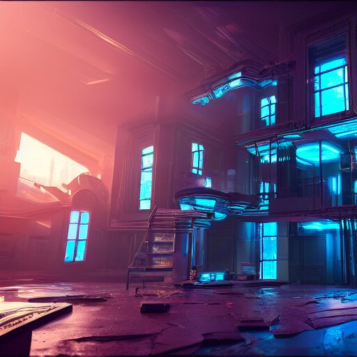 A photograph of a cyberpunk mansion set in a cyberpunk utopia. Highly detailed, 8k wallpaper, HDR, concept art, unreal engine 5, 4k, 8k, ray tracing, bloom, lens flare