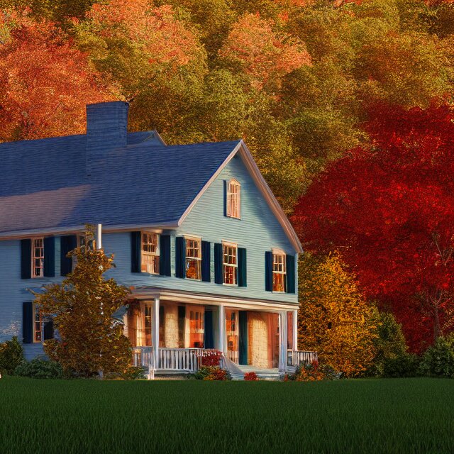 realistic wooden colonial new england house, maple tree in yard, large chimney, lights on inside, fall foliage, vermont mountain background, light cinematic, volumetric, realistic, cinematic lighting, ray tracing, unreal engine 5, octane render, hyper realistic, 8 k 