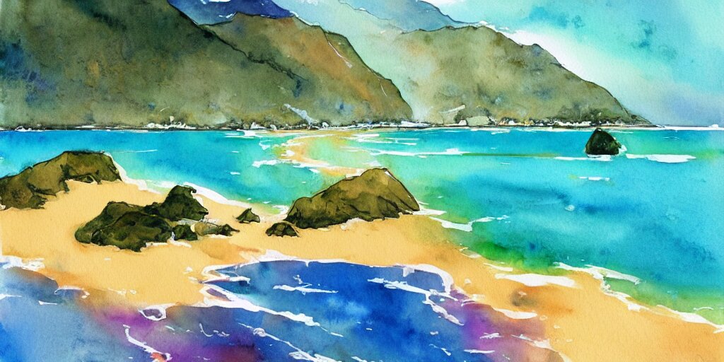 golden bay new zealand, abel tasman, colorful watercolor painting, trending on artstation