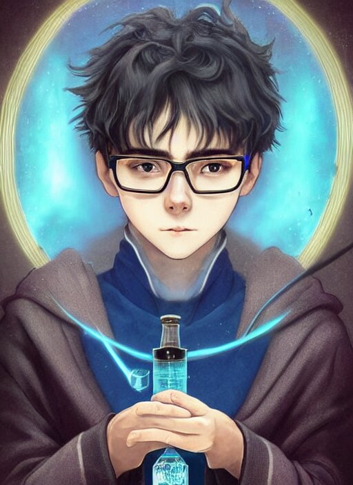 digital art, sharp focus, close - up, character portrait, a seventeen years old male!! ravenclaw wizard black, slightly wavy hair, wearing browline!! glasses!!! with a potion bottle!!!, blue shiny lighting, beautiful fantasy art, film still, masterpiece, award winning, symmetry, by artgerm and hayao miyazaki, by rutkowsky, by alphonse mucha, artstation, hq, trending on artstation 