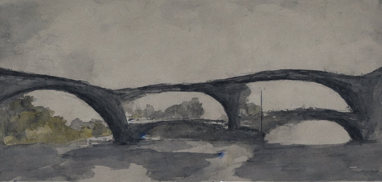 bridge over a river , angular, splotches, soft outlines, high contrast, muted colours