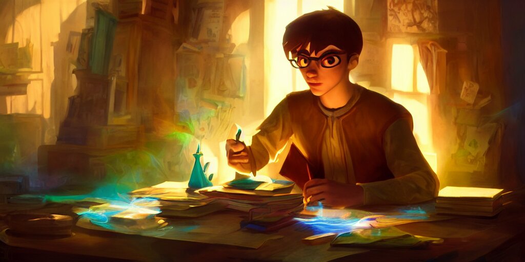 a young male mage they are in a alchemy workshop working at there desk. colorful, light rays, medium shot, waist up, sharp, bloom, dramatic lighting, by pixar, dreamworks and marvel 