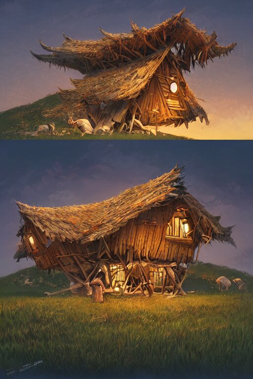 an awesome twilight day concept art of old hut standing at giant hen's legs, by kengo kuma and wes anderson with village, mixed development, cgsociety, fantastic realism, artstation hq 