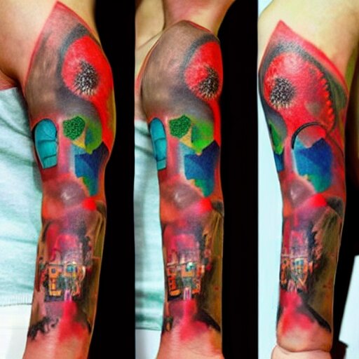 arm tattoo of a 3 d hole in the skin with multicolored robotic mechanics inside under the skin, insanely integrate, 3 d 