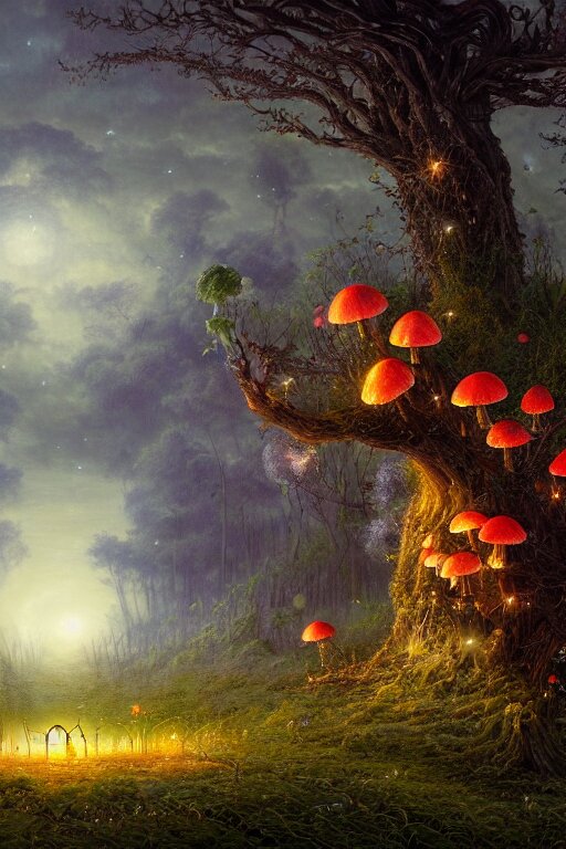 a beautiful digital landscape painting of a detailed gothic fantasy fireflies and roots, dark mushroom, flowers by benoit b. mandelbrot, steven belledin, martin johnson heade, lee madgwick, caspar david friedrich, and david rios ferreira. 8 k resolution trending on artstation concept art digital illustration 