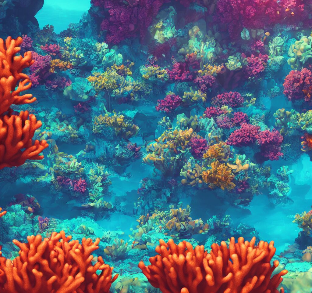 underwater neon coral reef landscape magical realism painting with sun rays coming from above, neon pastel colors, octane render, maya, cinema 4d