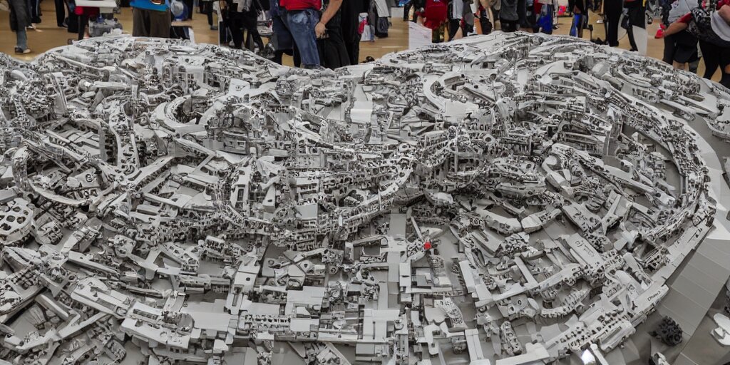 wide shot lens photo of a very intricately detailed and epically shaped 3. 5 meter long tifa lockhart lego sculpture designed by a master builder as displayed at a lego convention, low angle shot. 