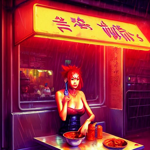 splash art of anthropomorphic female vulpes vulpes fulva woman sitting at a noodle stand eating noodles in the crowded street of a cyberpunk city, rain, harsh neon lighting, realistic, ultra detailed, by greg rutkowski, wlop, sakimichan, artgerm 