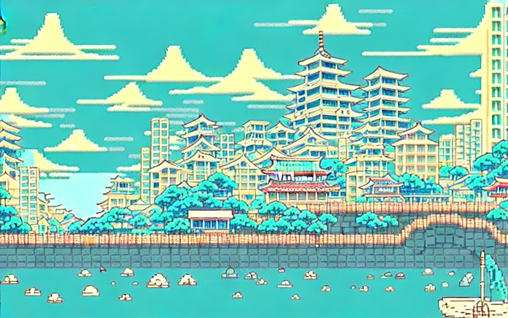 a japanese city near the sea, lofi, dreamy, moody, anime inspiration, ghibli vibe, pixelart 