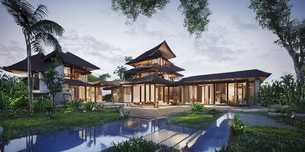 3d rendering  of beautiful nature meets architecture concept of a residential house. balinese architecture, volumetric lighting, luxury, high detail, 14mm, cinematic photography, cg architects,  high resolution