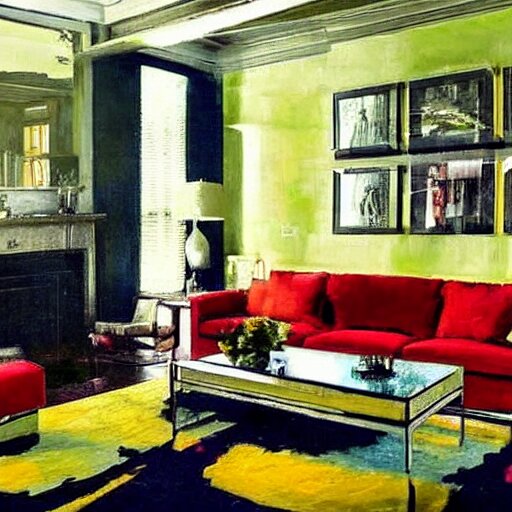 a modern living room with green sofa, red carpet and yellow table, painting by jeremy mann 