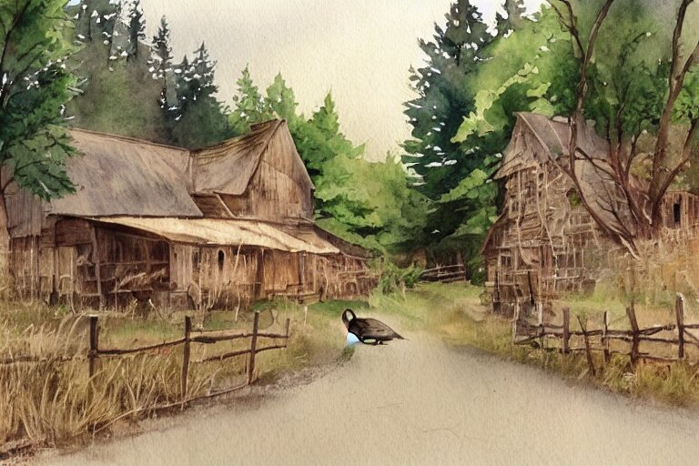 country road store goose watercolor trending on artstation 