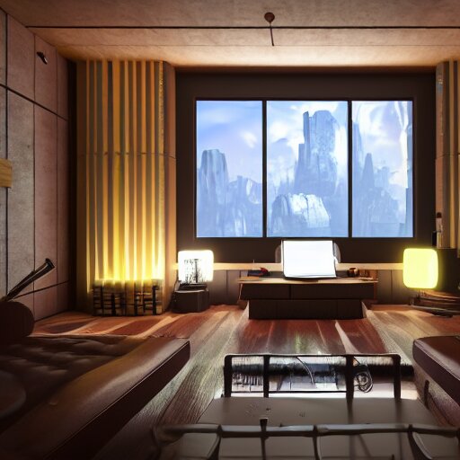 Sci fi living room engine room, electric wallpaper, unreal engine 5 tech demo, zillow interior, cool tint, metallic reflective, octane render, Frank Lloyd Wright ((Studio Ghibli))