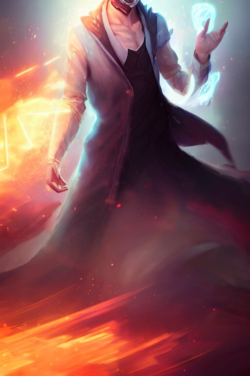 a human elemental sorcerer, blurred environment background, epic magic effects, white skin, medium portrait, male, sharp focus, digital art, concept art, post processed, dynamic lighting, by emylie boivin and rossdraws 