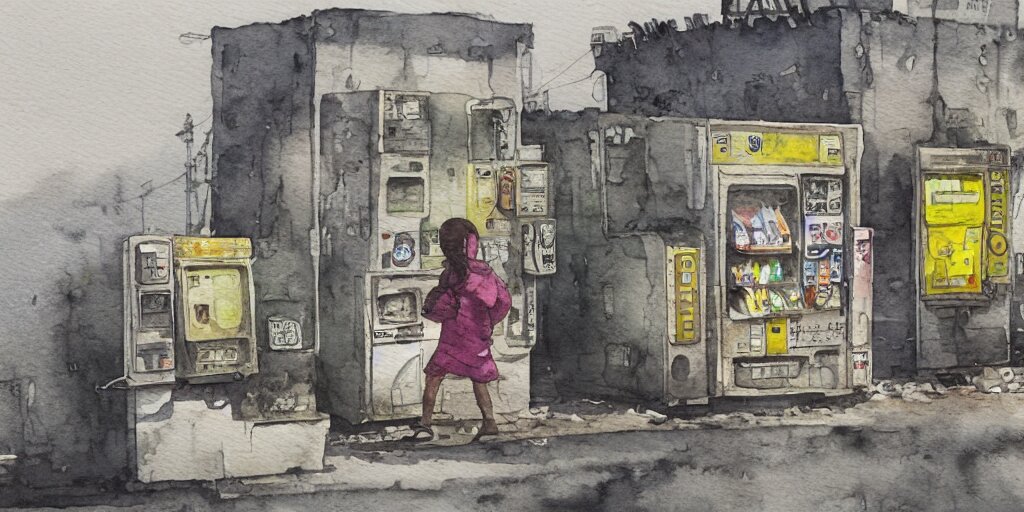 deserted dusty junk town, a girl with a parka and a yellow parasol is running, broken vending machines, scene from the movie Ghost in the shell, watercolor watercolor