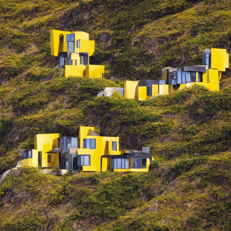 a tiny flat horizontal house on a cliff, designed by Frank Gehry. Big tiles. Small wooden pathway . Film grain, cinematic, yellow hue