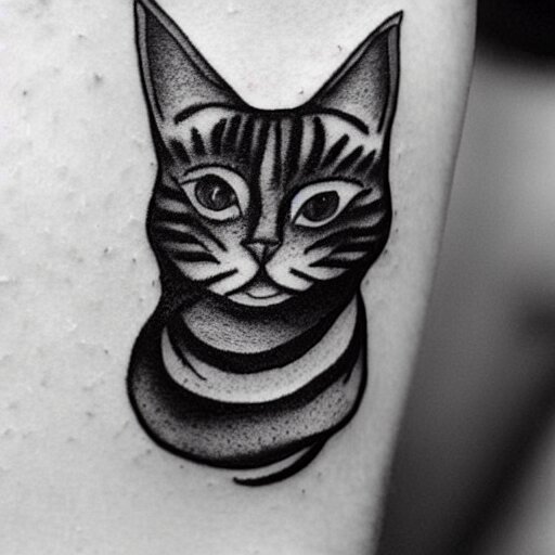 stick and poke tattoo of a cat, black and white tattoo, linework 