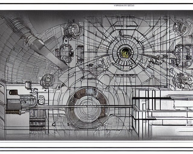 a full page of a mechanical blueprint showing the interior of gamera, with a big head, muted colors, post grunge, studio ghibli, hq, 