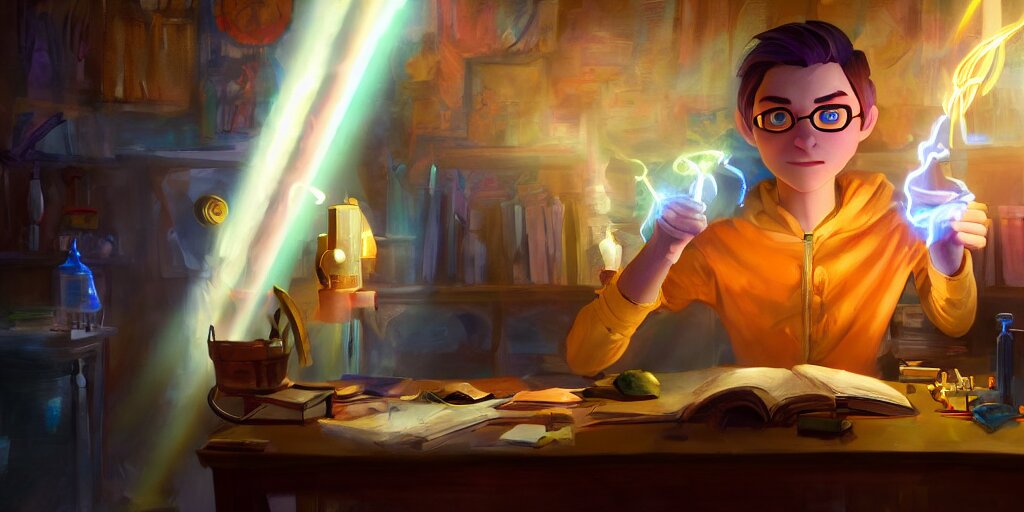 a young male mage they are in a alchemy workshop working at there desk. colorful, light rays, medium shot, waist up, sharp, bloom, dramatic lighting, by pixar, dreamworks and marvel 