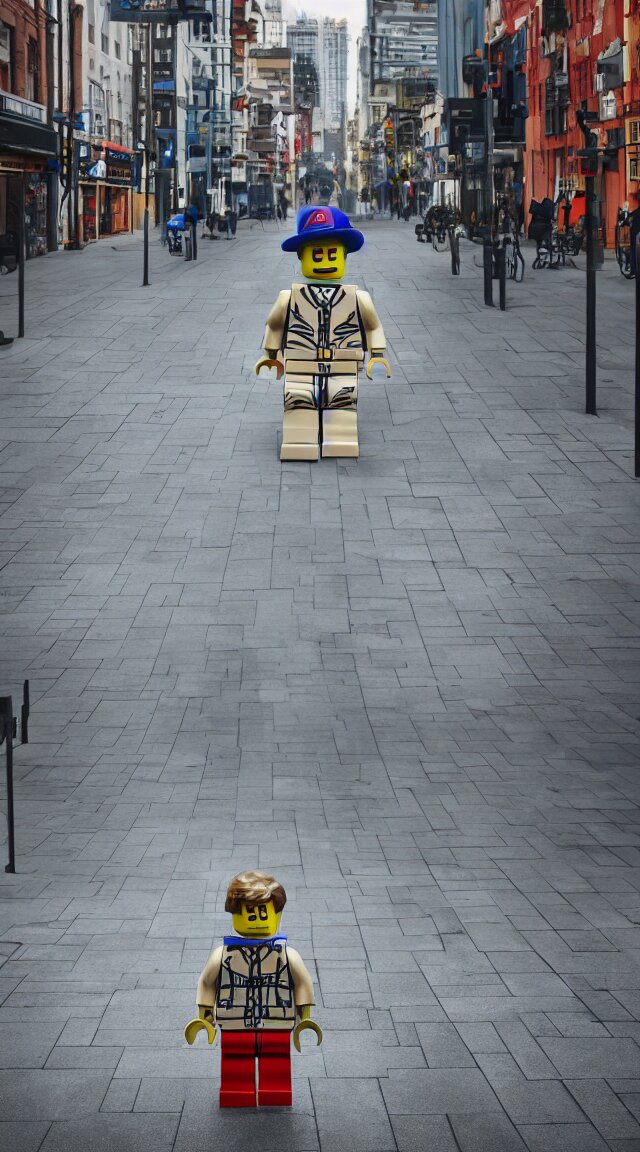 hyperrealistic giant lego man walking through street, street view, epic lighting, composition 