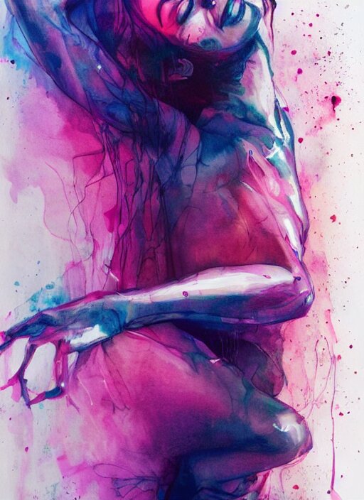 sexy seducing smile nathalie portman yoga pose by agnes cecile, half body portrait, extremely luminous bright design, pastel colours, ink drips, autumn lights 