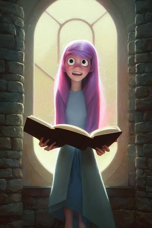 highly detailed portrait of beautiful girl reading a book, hair flowing down, in pixar inside out, dynamic pose, stephen bliss, unreal engine, fantasy art by greg rutkowski, loish, rhads, ferdinand knab, makoto shinkai and lois van baarle, ilya kuvshinov, rossdraws, tom bagshaw, global illumination, radiant light, detailed and intricate environment 