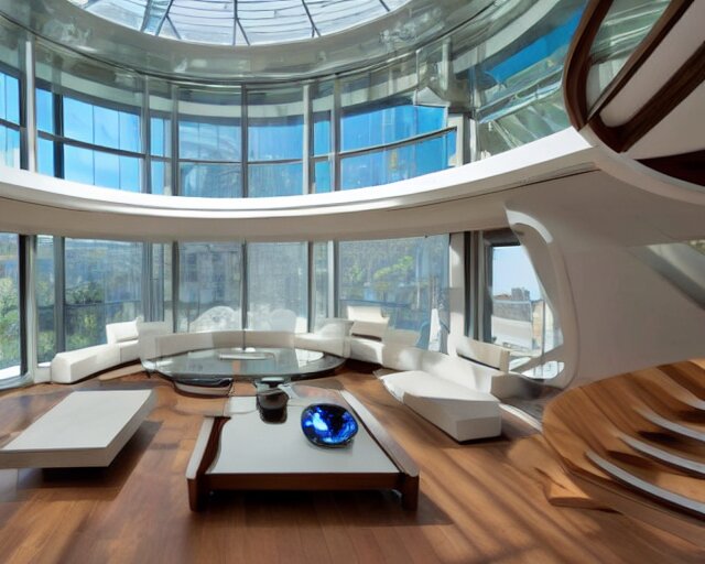 A futuristic living room with floor to ceiling glass windows on the left and curved wooden stairs going upstairs on the right, two white sofas with a white marble table in the center of the living room, stairs to the second floor, in a large glass dome, 8k resolution, professional interior design photograph, wide angle photograph