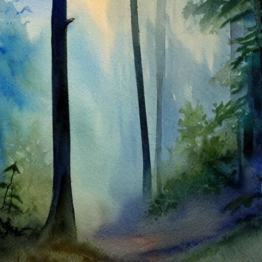 a beautiful watercolor painting of a misty hollow with a winding path through an appalachian pine forest at dawn, godrays, mystical, deep shadows, epic scale 