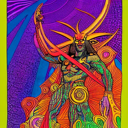 marduk, devourer of worlds, detailed colored ink art in dark and vibrant colors art by moebius on dmt and shrooms 