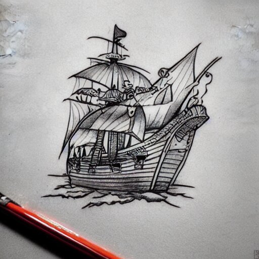 a pirate ship sailing in the sea, realism tattoo design, white paper background, by Matteo Pasqualin tattoo artist