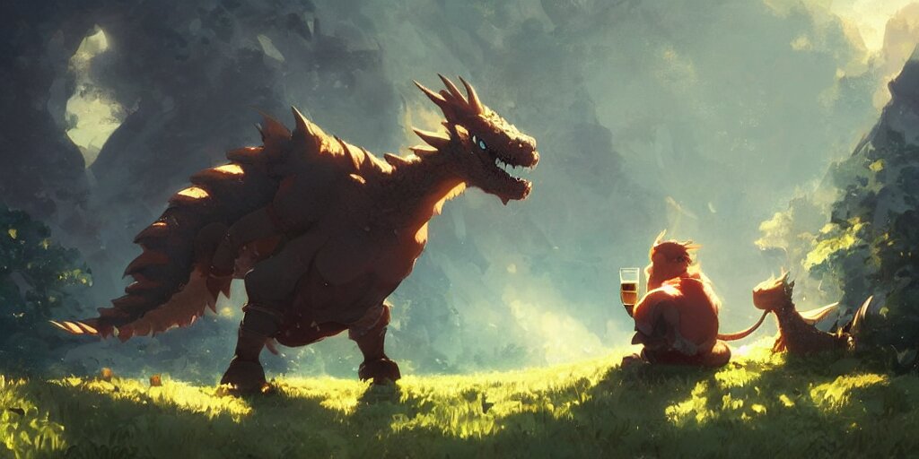 a dwarf and his small pet dragon drinking a beer together | gapmoe kuudere moody lighting stunning bokeh highlights sharp contrast | trending pixiv fanbox | by greg rutkowski makoto shinkai takashi takeuchi studio ghibli 