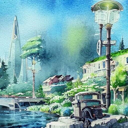 Beautiful happy picturesque charming sci-fi town in harmony with nature. Beautiful light. Water and plants. Nice colour scheme, soft warm colour. Beautiful detailed watercolor by Lurid. (2022)