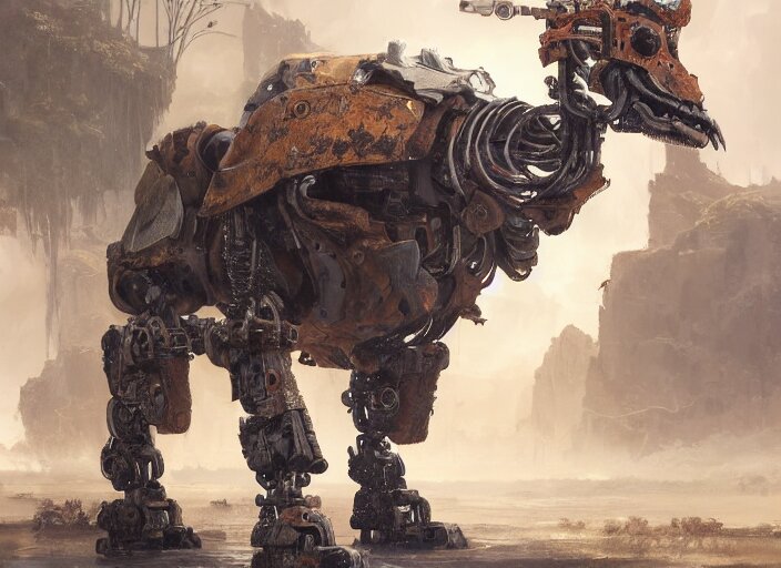 detailed full body concept art illustration oil painting of a robotic animal with intricate fur and armor, ultra detailed, digital art, octane render, dystopian, zero dawn, 4k