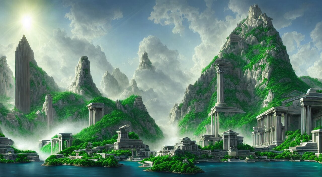 
a matte painting futurist of a green water city of Atlantis grec greeble temple olymp glory in sun shaft zeus sky tower statue pantheon ivy plant grow flower in white marble gold incrusted of legends adn red flag dynasty by Frank Lloyd Wright and Zaha Hadid torch volume light stylized illustration  digital airbrush painting, 3d rim light, hyperrealistic masterpiece, artstation, cgsociety, kodakchrome, golden ratio waterfall


