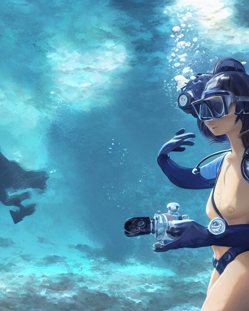 a girl scuba diving in an ocean full of sea life, full shot, atmospheric lighting, detailed face, by makoto shinkai, stanley artgerm lau, wlop, rossdraws 