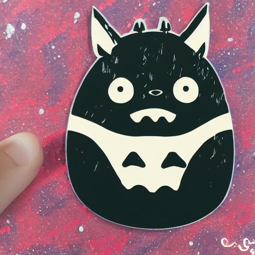 die cut sticker, totoro with princess mononoke mask, splatter paint 