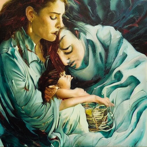 by john larriva, by aaron horkey emotive. a beautiful painting harmony of colors, simple but powerful composition. a scene of peaceful domesticity, with a mother & child in the center, surrounded by a few simple objects. colors are muted & calming, serenity & calm. 