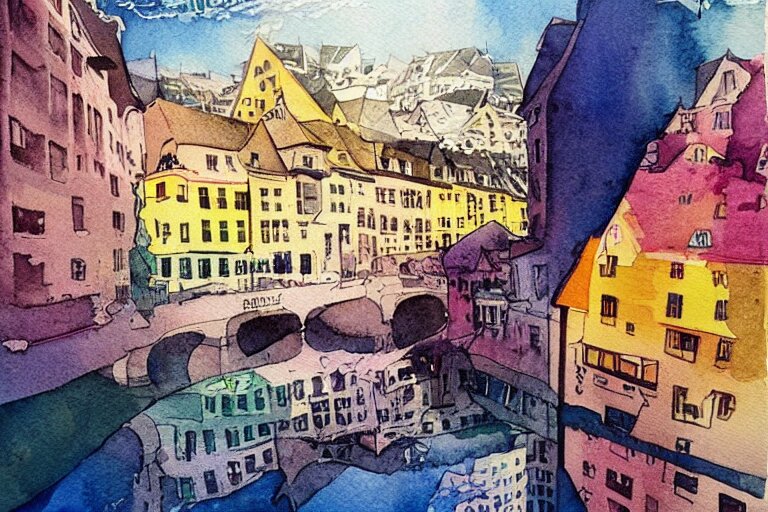 !! watercolor!! luxemburg in a sunny day, artwork by tooth wu, colorful contrast,!!!! very coherent!!!!, dark shadow, thick lineart 